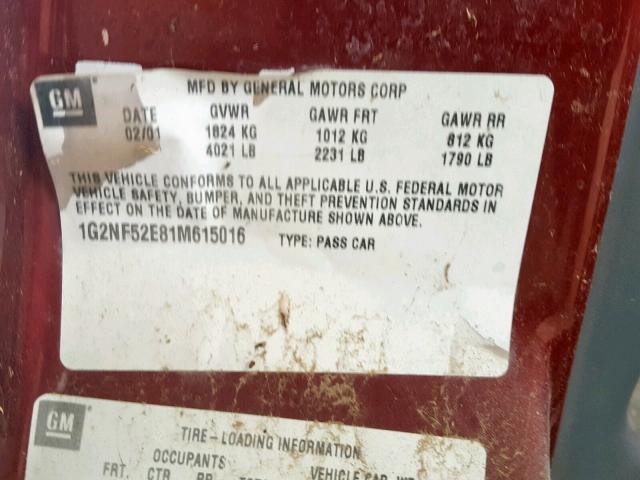 1G2NF52E81M615016 - 2001 PONTIAC GRAND AM S MAROON photo 10