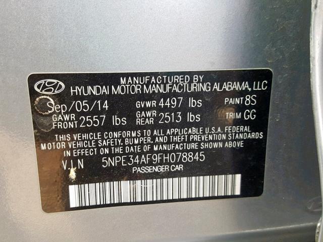 5NPE34AF9FH078845 - 2015 HYUNDAI SONATA SPO SILVER photo 10