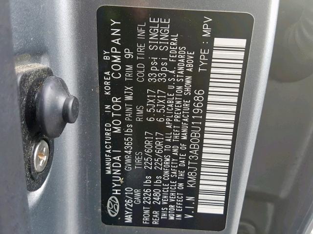 KM8JT3AB0BU119686 - 2011 HYUNDAI TUCSON GL GRAY photo 10