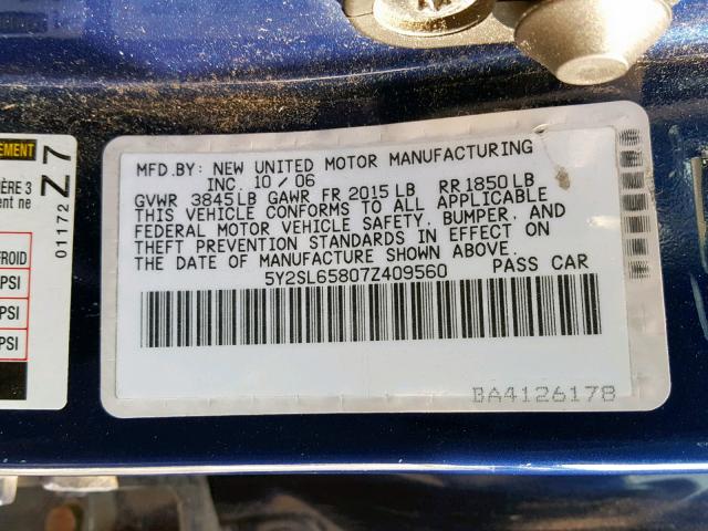 5Y2SL65807Z409560 - 2007 PONTIAC VIBE BLUE photo 10