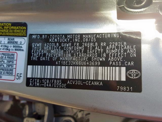 4T1BE32K66U643699 - 2006 TOYOTA CAMRY LE GRAY photo 10