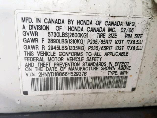 2HNYD18866H529376 - 2006 ACURA MDX TOURIN WHITE photo 10