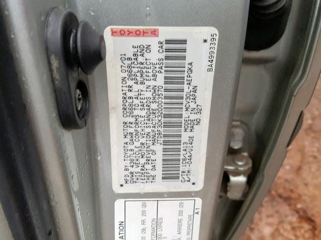 JTDBF30K320003570 - 2002 TOYOTA CAMRY LE SILVER photo 10