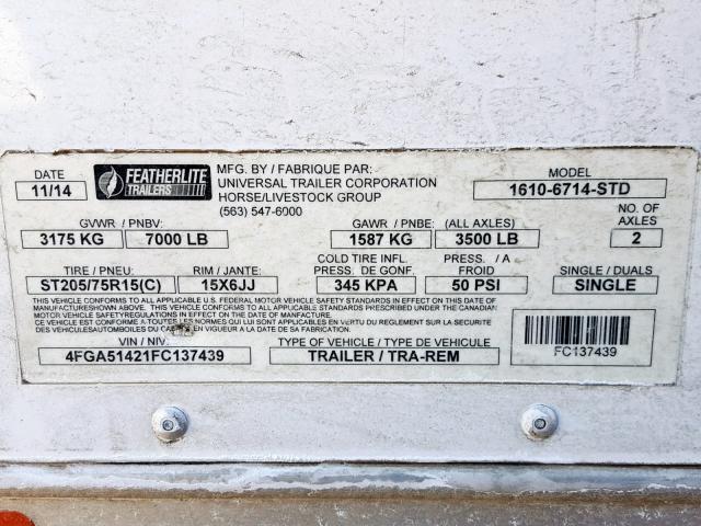 4FGA51421FC137439 - 2015 FEATHERLITE MFG INC UTILITY WHITE photo 10