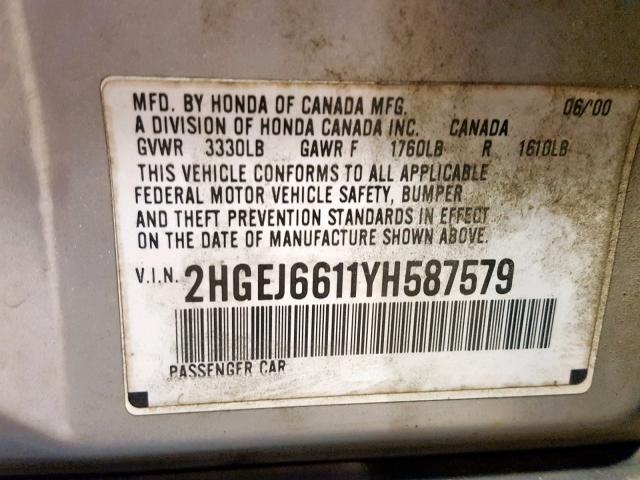2HGEJ6611YH587579 - 2000 HONDA CIVIC BASE Gümüş foto 10