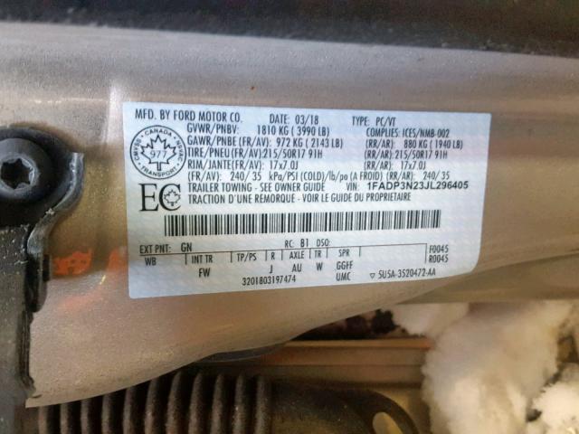 1FADP3N23JL296405 - 2018 FORD FOCUS TITA GOLD photo 10