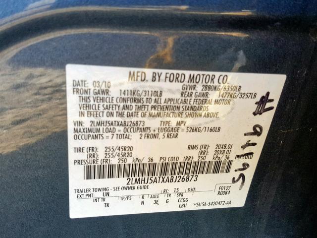 2LMHJ5ATXABJ26873 - 2010 LINCOLN MKT BLUE photo 10