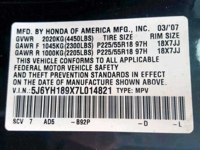 5J6YH189X7L014821 - 2007 HONDA ELEMENT SC BLACK photo 10