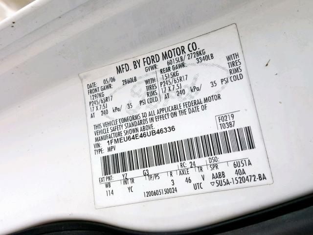 1FMEU64E46UB46336 - 2006 FORD EXPLORER E WHITE photo 10