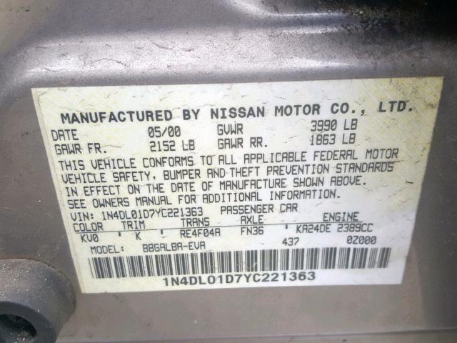 1N4DL01D7YC221363 - 2000 NISSAN ALTIMA XE GRAY photo 10