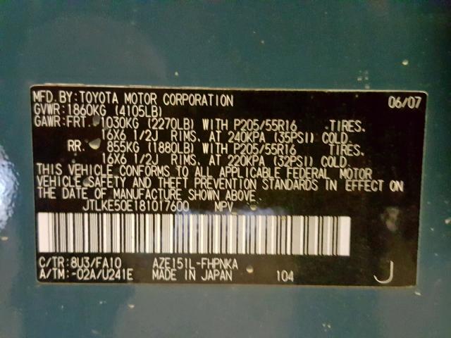 JTLKE50E181017600 - 2008 TOYOTA SCION XB Көк фото 10