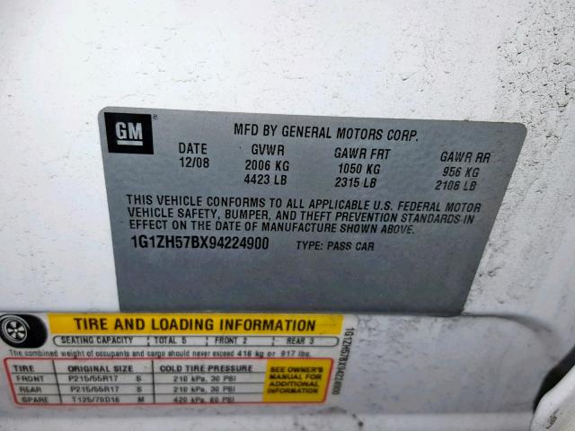 1G1ZH57BX94224900 - 2009 CHEVROLET MALIBU 1LT WHITE photo 10