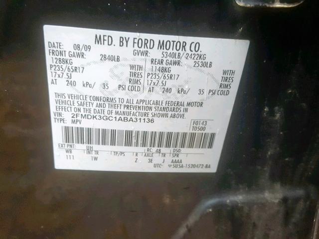 2FMDK3GC1ABA31136 - 2010 FORD EDGE SE BLACK photo 10