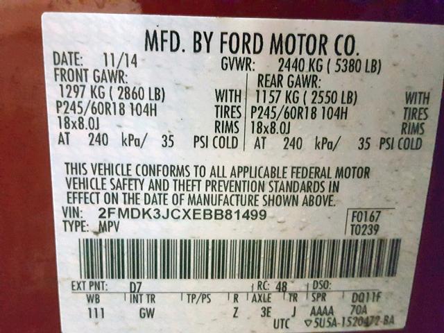 2FMDK3JCXEBB81499 - 2014 FORD EDGE SEL ORANGE photo 10