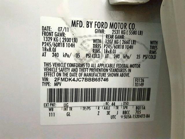 2FMDK4JC7BBB65746 - 2011 FORD EDGE SEL WHITE photo 10