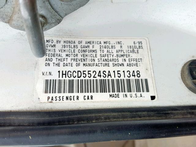 1HGCD5524SA151348 - 1995 HONDA ACCORD DX WHITE photo 10