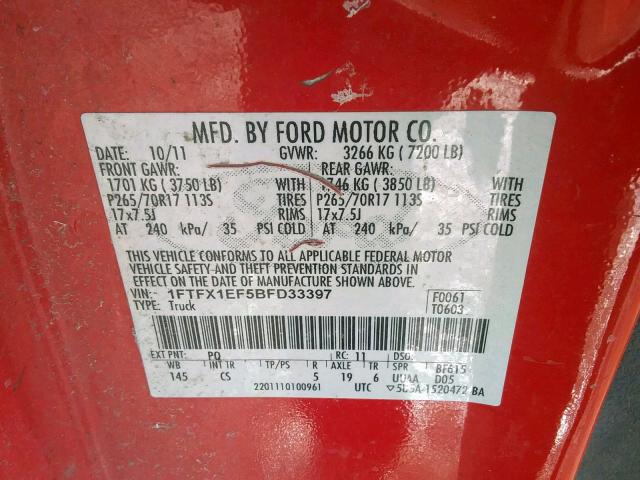 1FTFX1EF5BFD33397 - 2011 FORD F150 SUPER RED photo 10