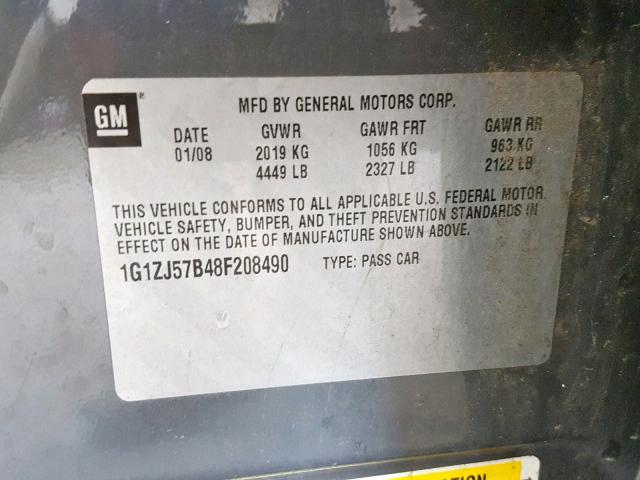 1G1ZJ57B48F208490 - 2008 CHEVROLET MALIBU 2LT GRAY photo 10