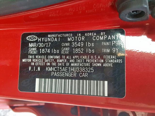 KMHCT5AE1HU338325 - 2017 HYUNDAI ACCENT SE RED photo 10