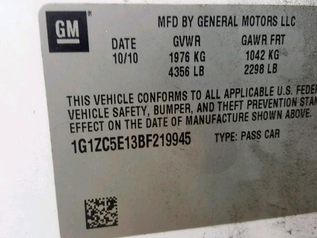 1G1ZC5E13BF219945 - 2011 CHEVROLET MALIBU 1LT თეთრი ფოტო 10