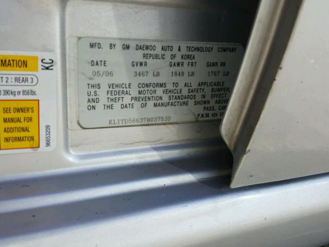 KL1TD56637B037530 - 2007 CHEVROLET AVEO BASE ვერცხლისფერი ფოტო 10