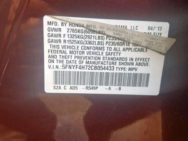 5FNYF4H72CB054433 - 2012 HONDA PILOT EXLN BURGUNDY photo 10