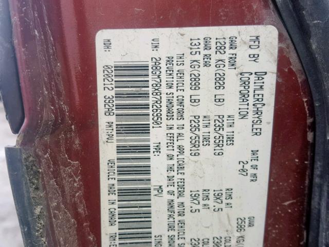2A8GM78X87R269501 - 2007 CHRYSLER PACIFICA L BURGUNDY photo 10