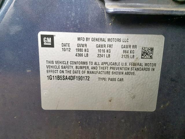 1G11B5SA4DF190172 - 2013 CHEVROLET MALIBU LS BLUE photo 10