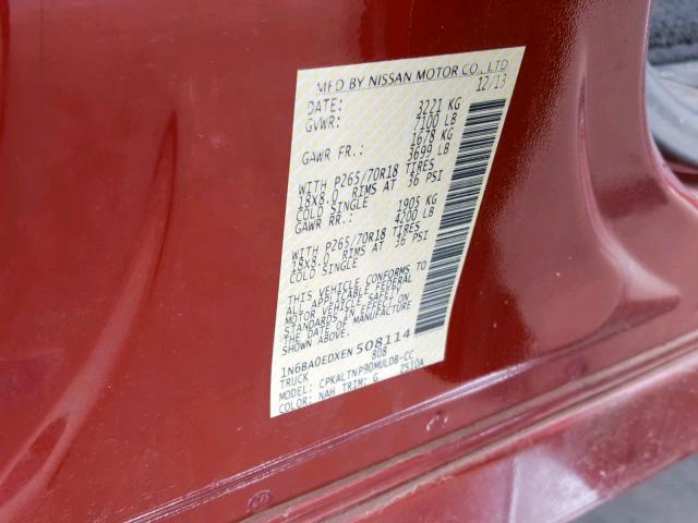 1N6BA0EDXEN508114 - 2014 NISSAN TITAN S RED photo 10