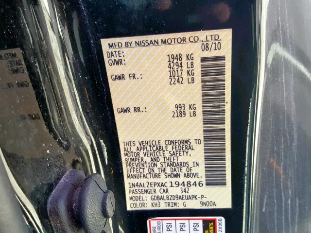 1N4AL2EPXAC194846 - 2010 NISSAN ALTIMA S BLACK photo 10