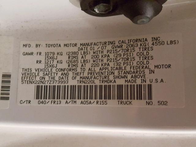 5TENX22N27Z373993 - 2007 TOYOTA TACOMA WHITE photo 10