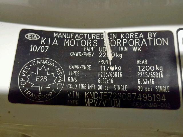 KNDJE723087495194 - 2008 KIA SPORTAGE E WHITE photo 10