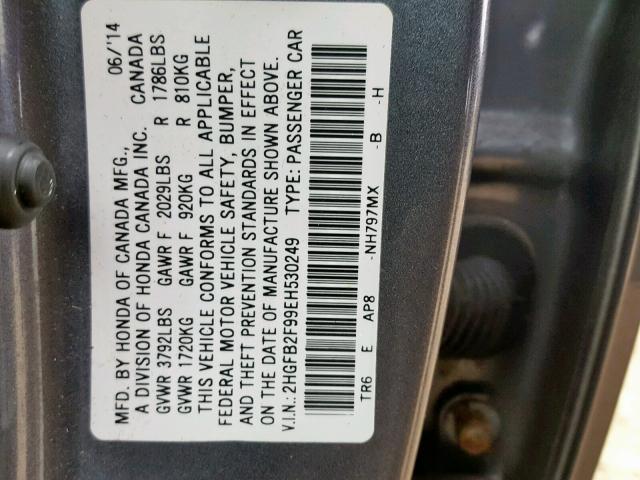 2HGFB2F99EH530249 - 2014 HONDA CIVIC EXL GRAY photo 10