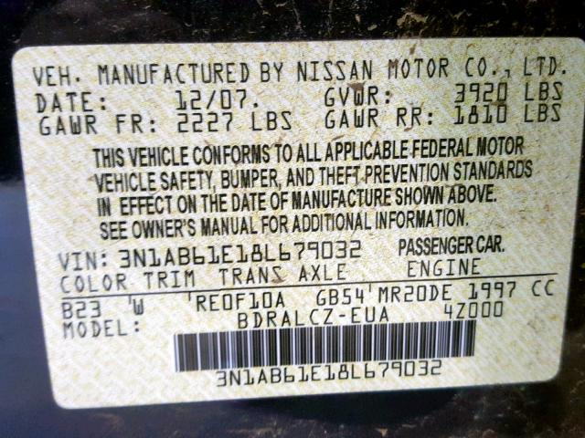 3N1AB61E18L679032 - 2008 NISSAN SENTRA 2.0 BLUE photo 10