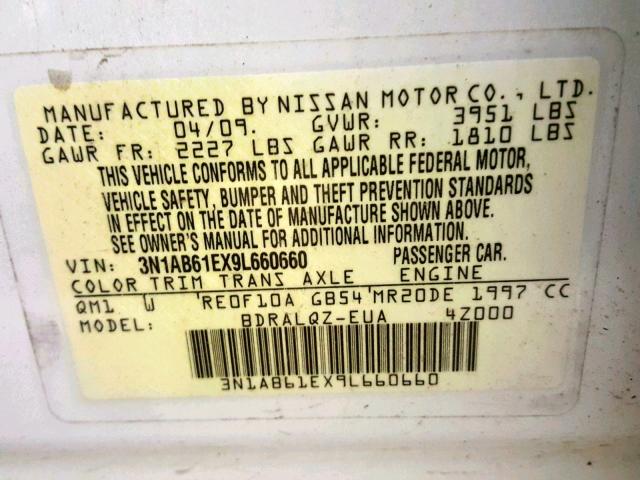 3N1AB61EX9L660660 - 2009 NISSAN SENTRA 2.0 WHITE photo 10