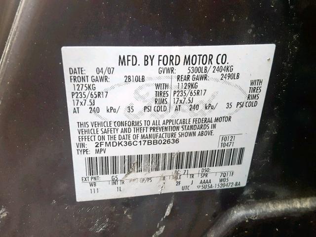 2FMDK36C17BB02636 - 2007 FORD EDGE SE GRAY photo 10