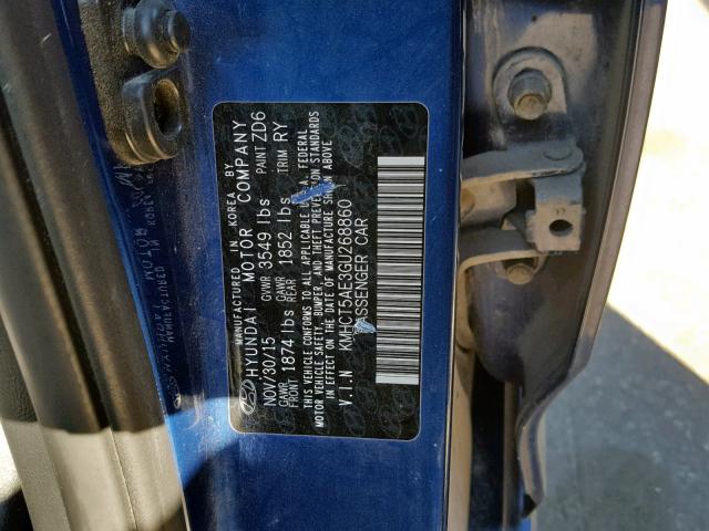 KMHCT5AE3GU268860 - 2016 HYUNDAI ACCENT SE BLUE photo 10