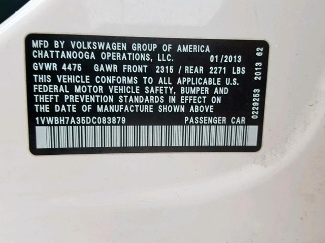 1VWBH7A35DC083879 - 2013 VOLKSWAGEN PASSAT SE WHITE photo 10