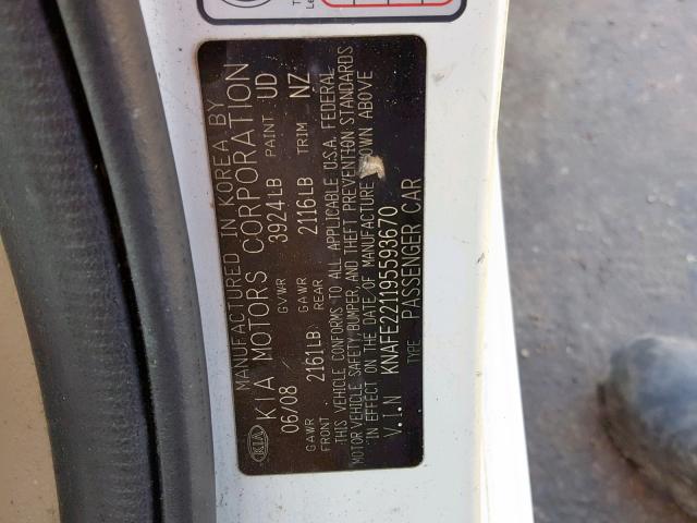 KNAFE221195593670 - 2009 KIA SPECTRA EX WHITE photo 10