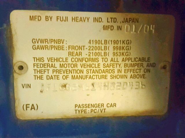 JF1GG29614H820436 - 2004 SUBARU IMPREZA WR BLUE photo 10