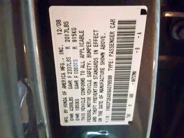 1HGCP26469A079598 - 2009 HONDA ACCORD LXP GRAY photo 10