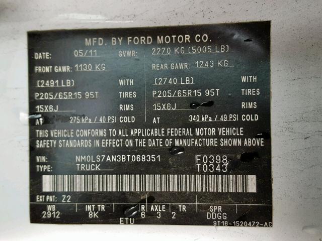 NM0LS7AN3BT068351 - 2011 FORD TRANSIT CO WHITE photo 10