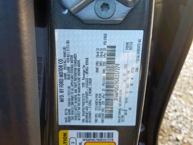 3FA6P0G79GR357279 - 2016 FORD FUSION S GRAY photo 10