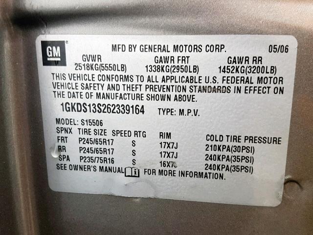 1GKDS13S262339164 - 2006 GMC ENVOY GRAY photo 10