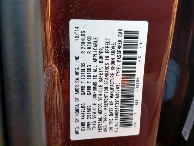 19UUB1F39FA007830 - 2015 ACURA TLX MAROON photo 10