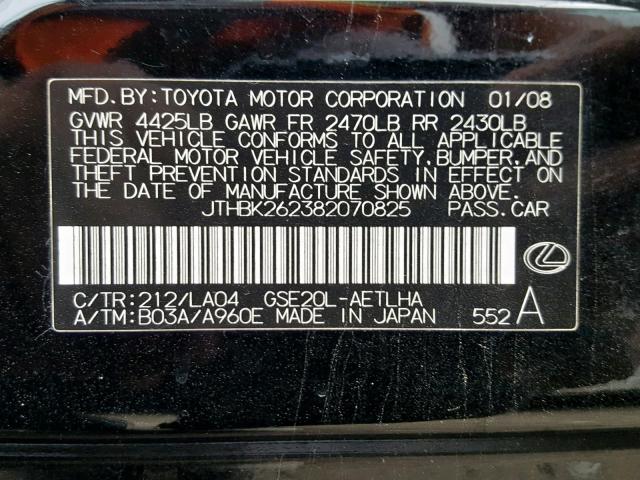 JTHBK262382070825 - 2008 LEXUS IS 250 BLACK photo 10