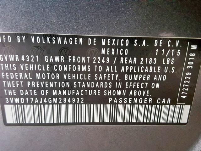 3VWD17AJ4GM284932 - 2016 VOLKSWAGEN JETTA SPOR GRAY photo 10