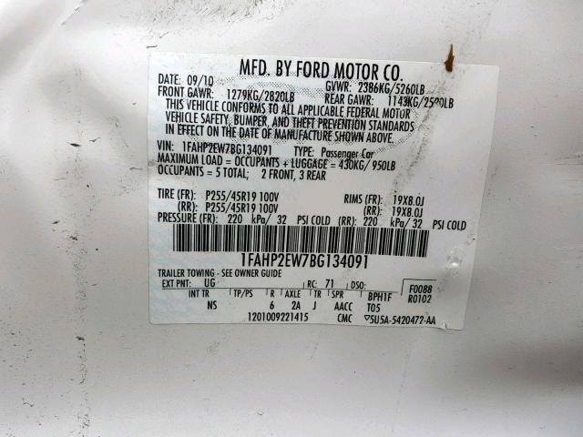 1FAHP2EW7BG134091 - 2011 FORD TAURUS SEL WHITE photo 10