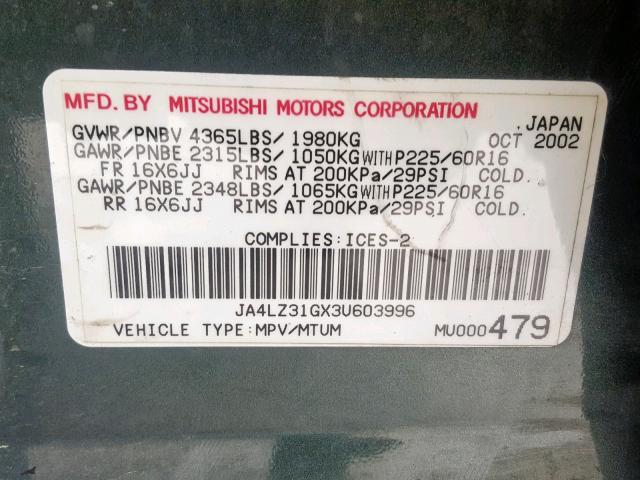 JA4LZ31GX3U603996 - 2003 MITSUBISHI OUTLANDER GREEN photo 10