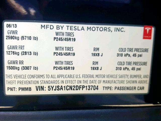 5YJSA1CN2DFP13704 - 2013 TESLA MODEL S Կապույտ լուսանկար 10